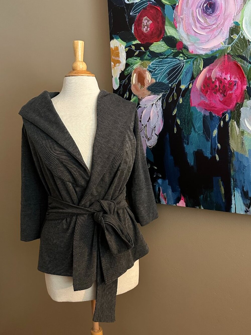 XTAREN Charcoal Gray Hooded Wrap Cardigan Jacket Tie Waist Size S
